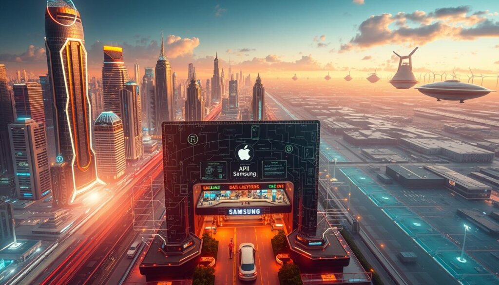 A futuristic cityscape unfolds, adorned with gleaming skyscrapers and advanced transportation systems. In the foreground, a captivating holographic display showcases the latest AI-powered innovations, from intelligent personal assistants to autonomous vehicles. The middle ground features a bustling technological hub, where Feature brands like Apple, Samsung, and Microsoft showcase their cutting-edge gadgets and solutions. In the background, a serene landscape of floating data centers and renewable energy sources sets the scene for a world where technology and sustainability coexist in harmony. The scene is bathed in a warm, futuristic glow, conveying a mood of excitement and optimism for the tech trends of 2025.