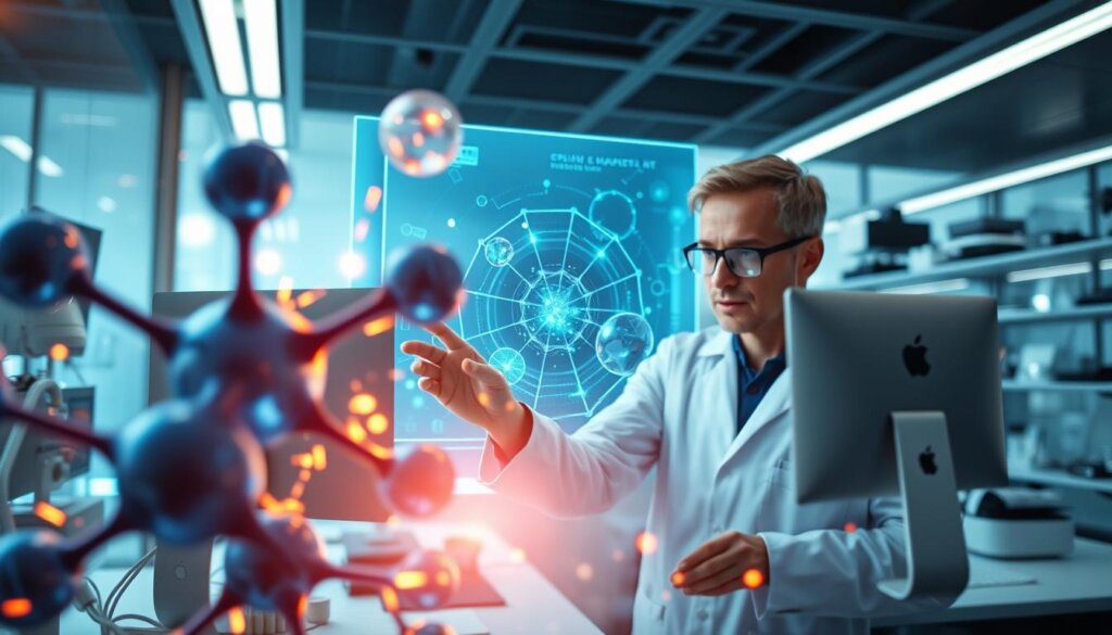 Quantum computing advancements propelling revolutionary drug discovery technologies. In the foreground, a molecular structure glowing with pulsing energy, reflecting the power of quantum simulations to model complex chemical interactions. In the middle ground, a scientist gazing intently at a holographic display, manipulating the quantum data with fluid gestures. The background showcases sleek, feature brand tech like Apple, Samsung workstations, hinting at the integration of quantum computing into the modern lab. Radiant lighting and a sense of awe-inspiring discovery permeate the scene, capturing the transformative impact of quantum tech on the future of medicine.
